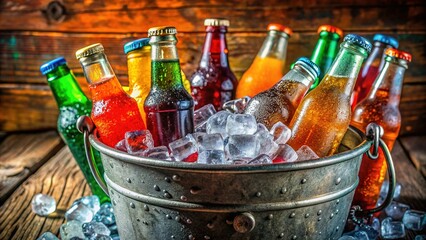 Colorful Soda Bottles in Metal Ice Bucket - Refreshing Summer Drinks Stock Photo