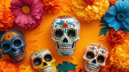 vibrant scene from Mexico City Day of the Dead festival, with colorful altars and skull decorations