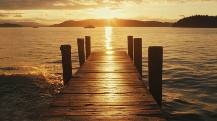 Obraz premium ocean, bathed in warm golden light, as the sun sets behind distant islands. Gentle waves lap against the wooden posts.