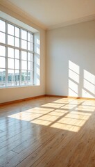 An empty room with white walls and a large window.