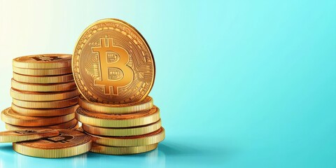 Bitcoin coins stacking higher and higher on a savings meter, progress illustration, flat design