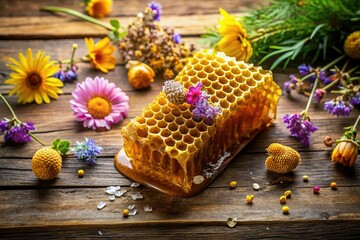 Fototapeta premium Golden Honeycomb & Honey Drizzle Flat Lay: Sweet Nature's Bounty Stock Photo