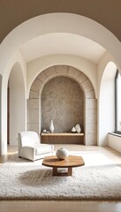 Architectural Design Featuring Arched Doorways and Modern Living Room Furniture.