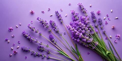 Obraz premium Lavender Flowers Purple Background Flat Lay Top View - Aromatic Floral Photography
