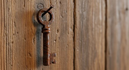 Weathered Key Suspended on Rustic Wooden Wall Evoking Past Memories