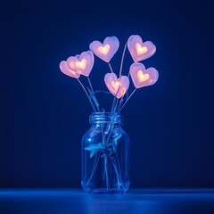 Glowing Heart Shaped Lights in Glass Jar on a Surface with Dark Background in Nighttime Mood