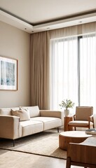 Fototapeta premium Modern living room with beige walls, large windows, and light-colored furniture.