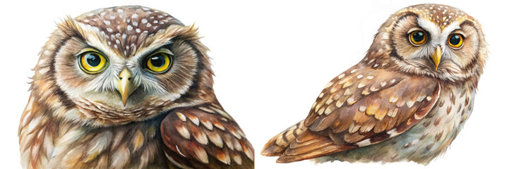 Realistic owl illustrations, vibrant colors, detailed feathers, nature art, wildlife portrait, artistic rendering.