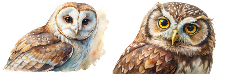 Realistic owl illustrations, detailed watercolor art, nature wildlife portrait, vibrant colors, artistic animal depiction.