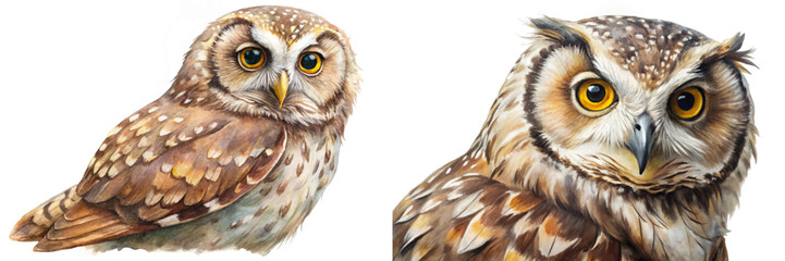 Realistic owl illustrations, vibrant watercolor style, detailed feathers, artistic wildlife depiction, nature-inspired artwork.