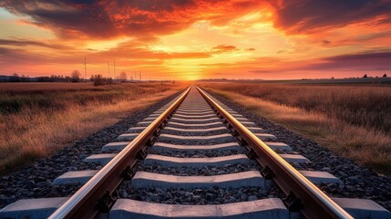 railway stretching into the horizon, its tracks glowing under the fiery hues of sunset. The sound of a distant train echoes.