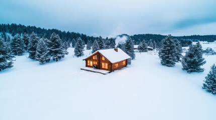 Cozy wooden cabin in tranquil snowy forest landscape for winter retreat and escape themes