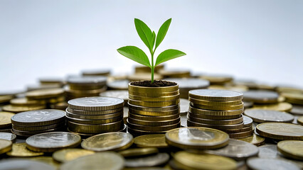 A small tree grows from a pile of coins, symbolizing finance and growth. and the connection between nature and finance.