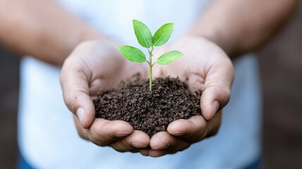 Hands holding young plant, soil, growth, nature, environmental conservation