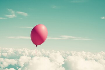 Obraz premium A pink balloon floating above fluffy white clouds in a clear blue sky.
