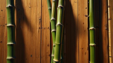 bamboo wood surface with visible nodes, illuminated by diffused afternoon light. Show the delicate interplay of light and shadow that highlights the fine texture and subtle color variations.