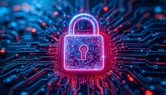 Neon Cybersecurity Padlock and Circuit Board