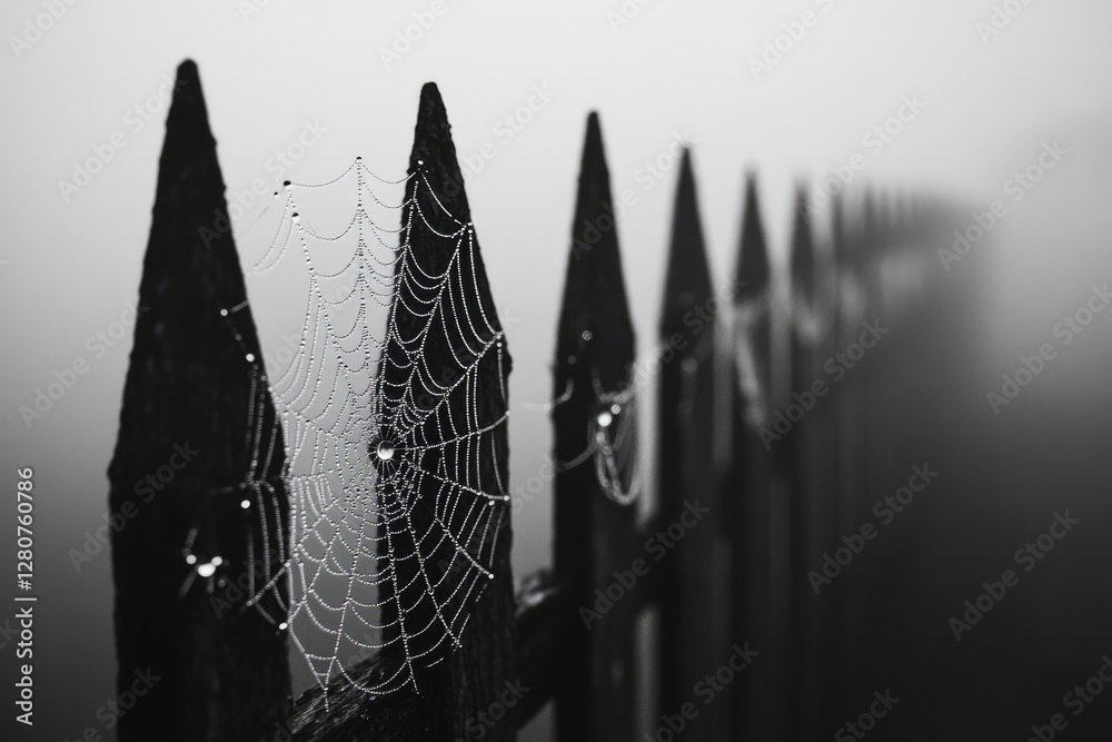 Wall mural a close-up shot of a spider web in monochrome, perfect for using in designs where texture and simpli