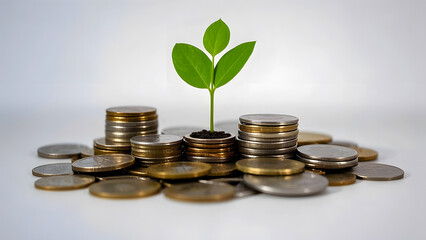 A small tree grows from a pile of coins, symbolizing finance and growth. and the connection between nature and finance.