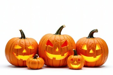 Several carved Halloween pumpkins, various sizes and designs, isolated on white , autumn, halloween decoration, decor