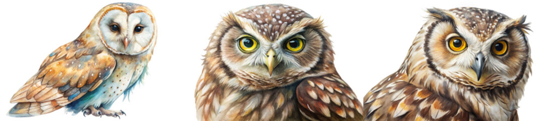 Realistic owl illustrations, vibrant watercolor style, nature-themed artwork, detailed bird portraits, wildlife art collection.