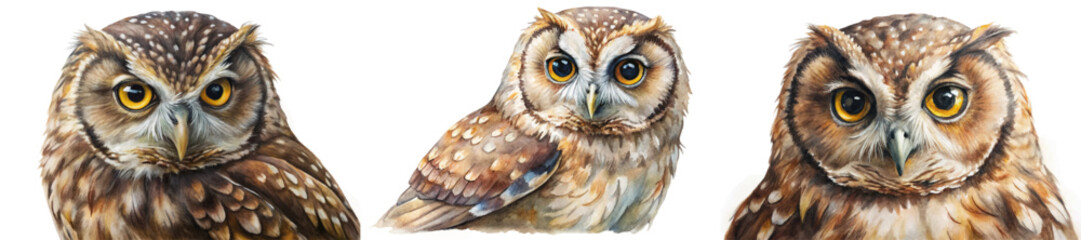 Realistic owl illustrations, vibrant colors, detailed feathers, wildlife art, nature decor, animal portraits, artistic expression.