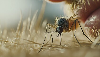 Mosquito on skin, close-up, outdoors, sunlit grass