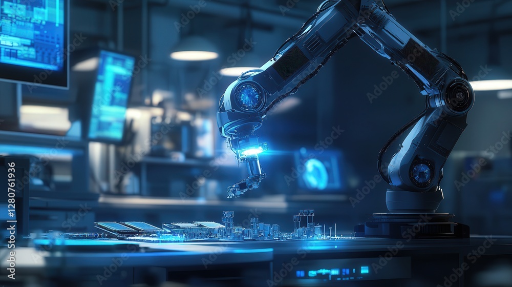 Poster ai-driven robotic arm assembling complex microchips in a high-tech lab