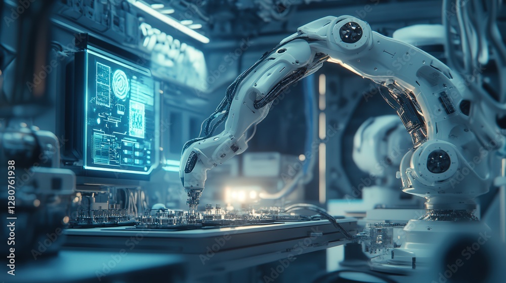 Poster ai-driven robotic arm assembling complex microchips in a high-tech lab