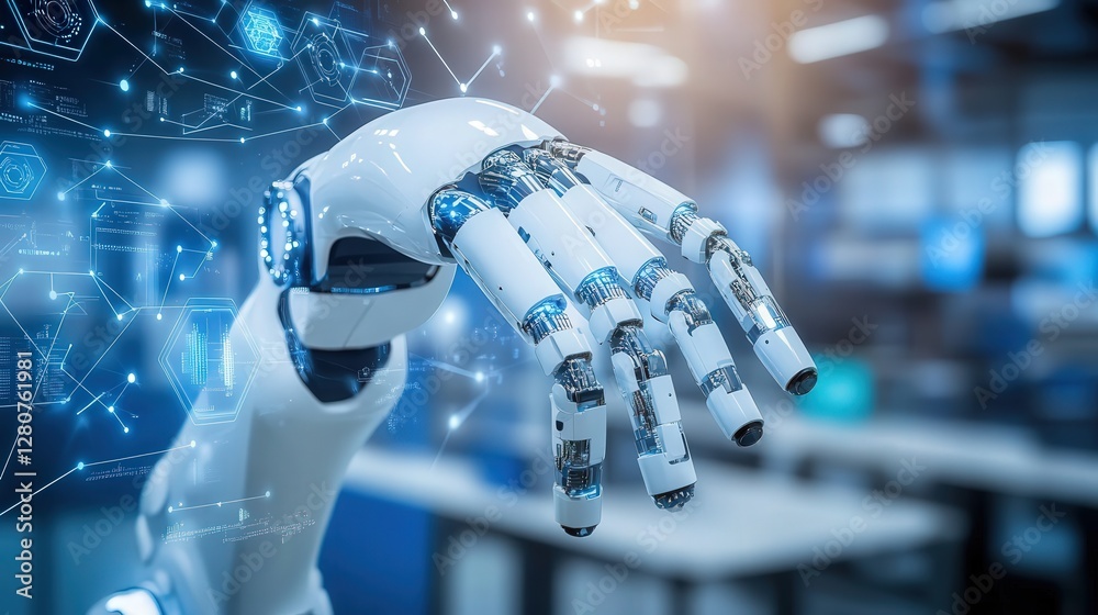 Poster ai-driven robotic arm assembling complex microchips in a high-tech lab
