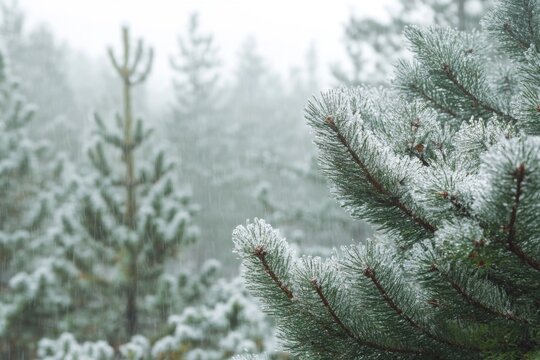 A solitary pine tree stands tall amidst a blanket of snow in a serene forest