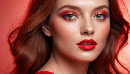 Fototapeta premium Woman with Bold Red Makeup and Wavy Auburn Hair Portrait