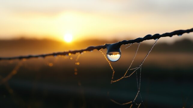 A single water droplet suspended from a thin wire, with a blurred background - Powered by Adobe