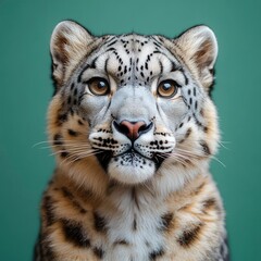 Fototapeta premium Majestic Snow Leopard Portrait Against a Teal Background