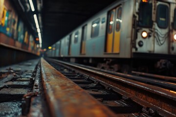 A train travels along the tracks adjacent to a railway platform, perfect for illustrating transportation or infrastructure concepts