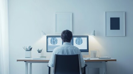 Autism research in a quiet office, a researcher studying autism brain scans on a computer. Featuring precision and clarity