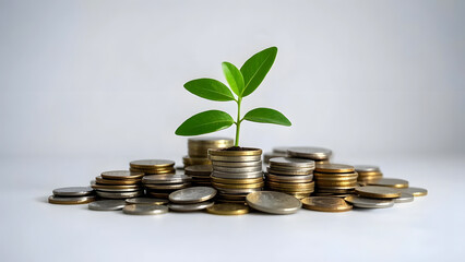 A small tree grows from a pile of coins, symbolizing finance and growth. and the connection between nature and finance.