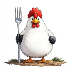 Gallina divertida sosteniendo un tenedor en un entorno animado y colorido
