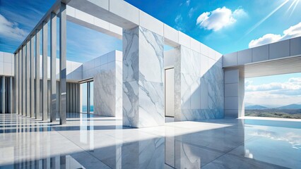 Fototapeta premium Sleek white marble interiors bathed in natural light showcase minimalist architecture and modern design.