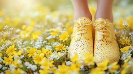 Feet in bright yellow shoes stand amidst a field of yellow and white wildflowers, flooded with warm sunlight. Springtime, playful and whimsical.