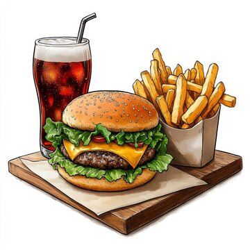 Deliciosa hamburguesa con queso, papas fritas y refresco en una presentaci&oacute;n atractiva
