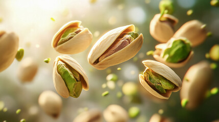 Pistachios soaring through mid-air, their textured shells and radiant green nuts emphasized by a subtle gradient background of cream and green.