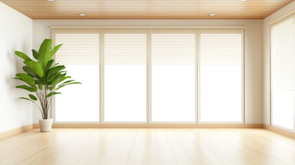 Fototapeta premium Bright modern interior with wooden ceiling, large windows, and potted plant