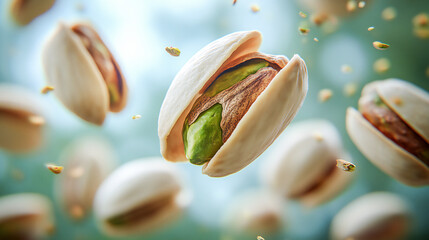 Pistachios soaring through mid-air, their textured shells and radiant green nuts emphasized by a subtle gradient background of cream and green.