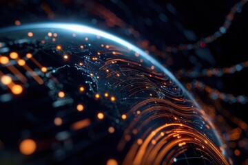 A stylized diagram of Earth showing gravitational wave signals being picked up by global detection stations