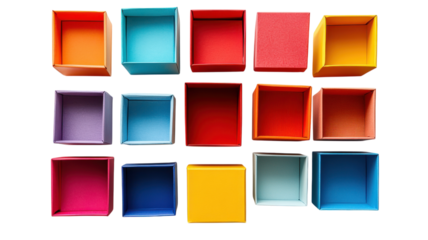 Colorful arrangement of empty boxes on a white background showcasing creativity and design