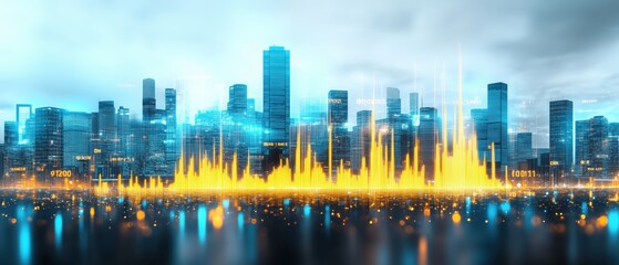 A vibrant city skyline features tall skyscrapers under a cloudy sky, complemented by a dynamic stock market graph in blue and gold tones, capturing financial trends and data