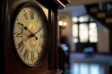 A detailed view of a clock face featuring Roman numeral markings, ideal for use in designs requiring precision timekeeping or vintage flair