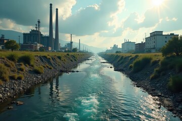Fototapeta premium Polluted river flowing past industrial complex, cracked earth visible , environmental disaster, factory discharge