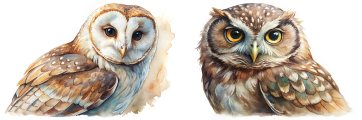 Fototapeta premium Realistic owl illustrations, watercolor style, detailed feathers, natural colors, wildlife art, perfect for nature enthusiasts.